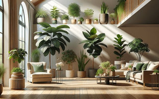 Beautiful image of tall indoor plants in bright living room.