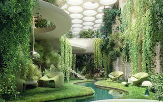 3D rendering of biophilic designed commercial space with stream.