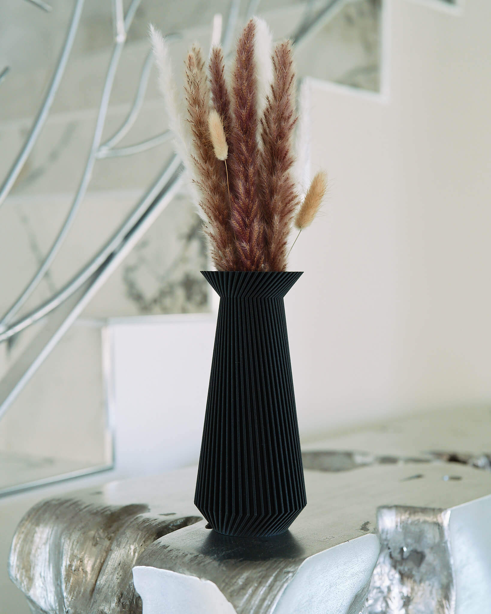 Black Vase with brown pampas grass | Black Floral Vase | Black Matte Textured Vase | BANDA by Woodland Pulse. Modernist vase.