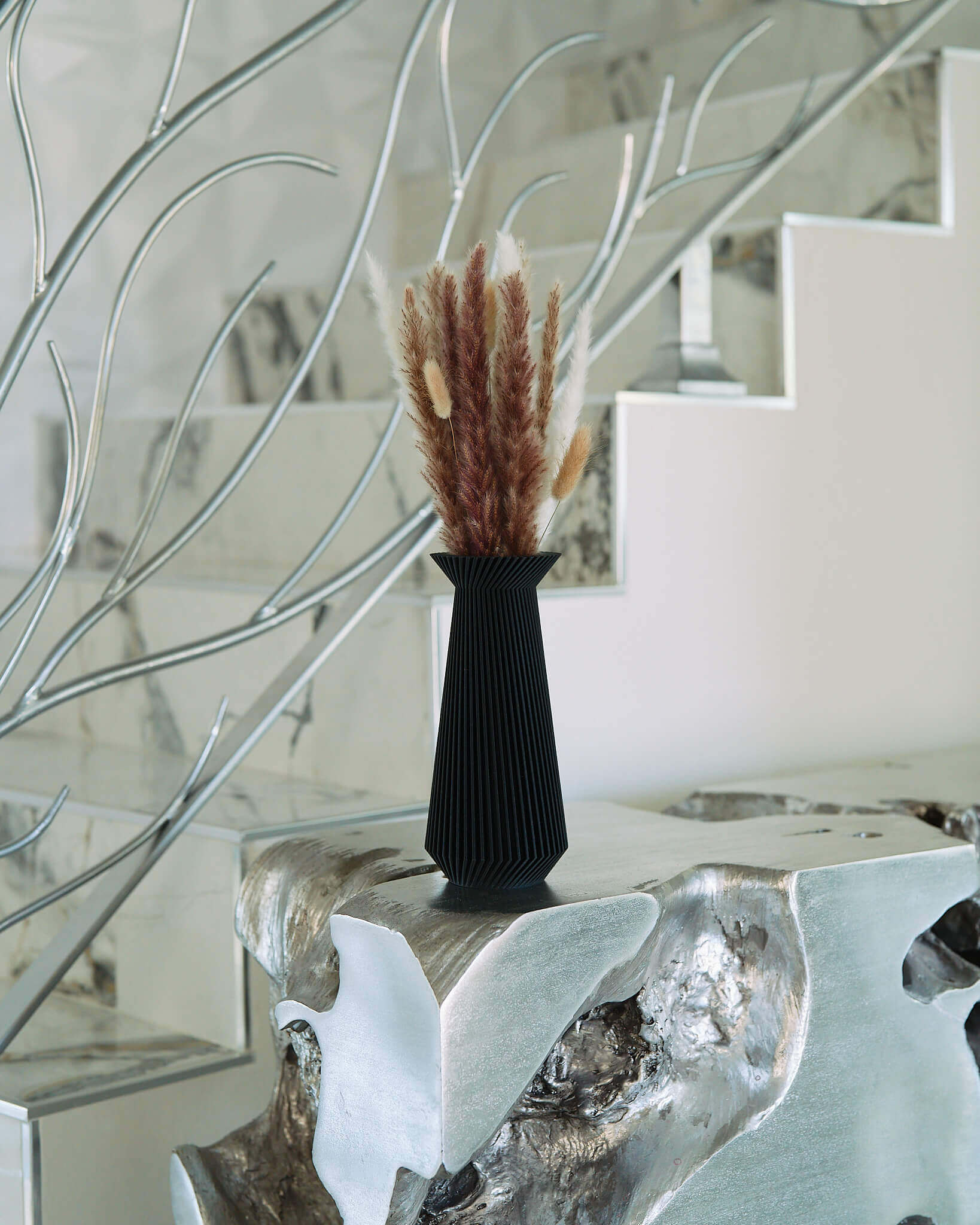 Black Vase with brown pampas grass | Modernist Vase | Black Matte Textured Vase | BANDA by Woodland Pulse. Unique vases.