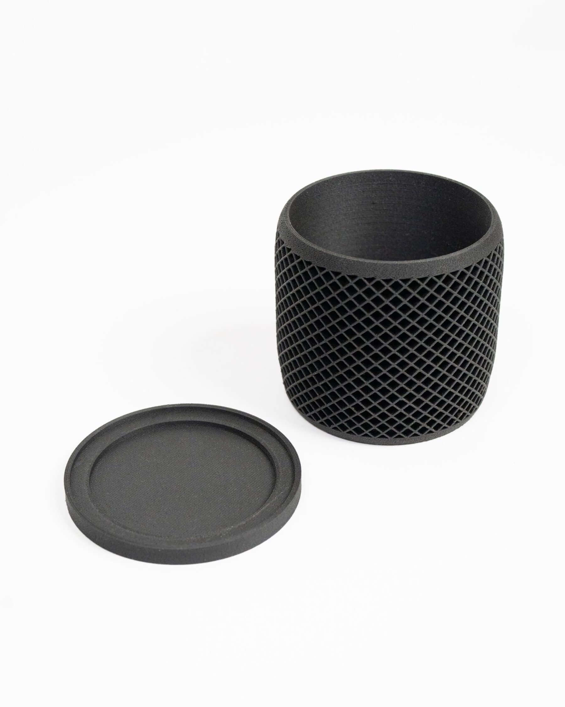 VISION black planter pot by Woodland Pulse. This is a geometric planter with a matching saucer.