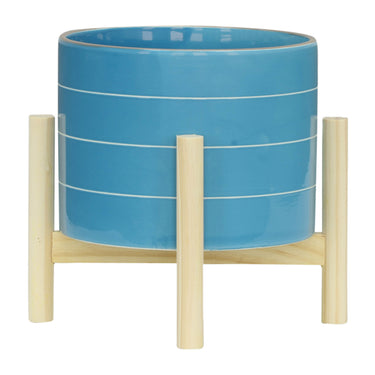 8" STRIPED PLANTER W/ WOOD STAND, SKYBLUE