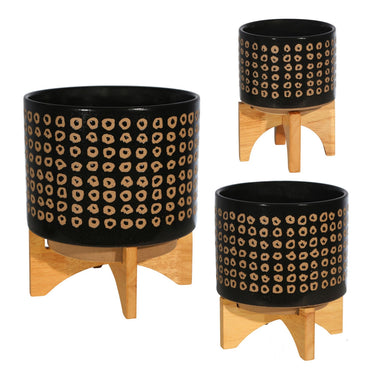 9 Inch Ceramic Round Planter, Wood Stand, Circular Pattern, Medium, Black