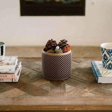 Modern planters, Unique Planters, Decor Planters from Woodland Pulse. A decor planter on a living room table with pinecones.