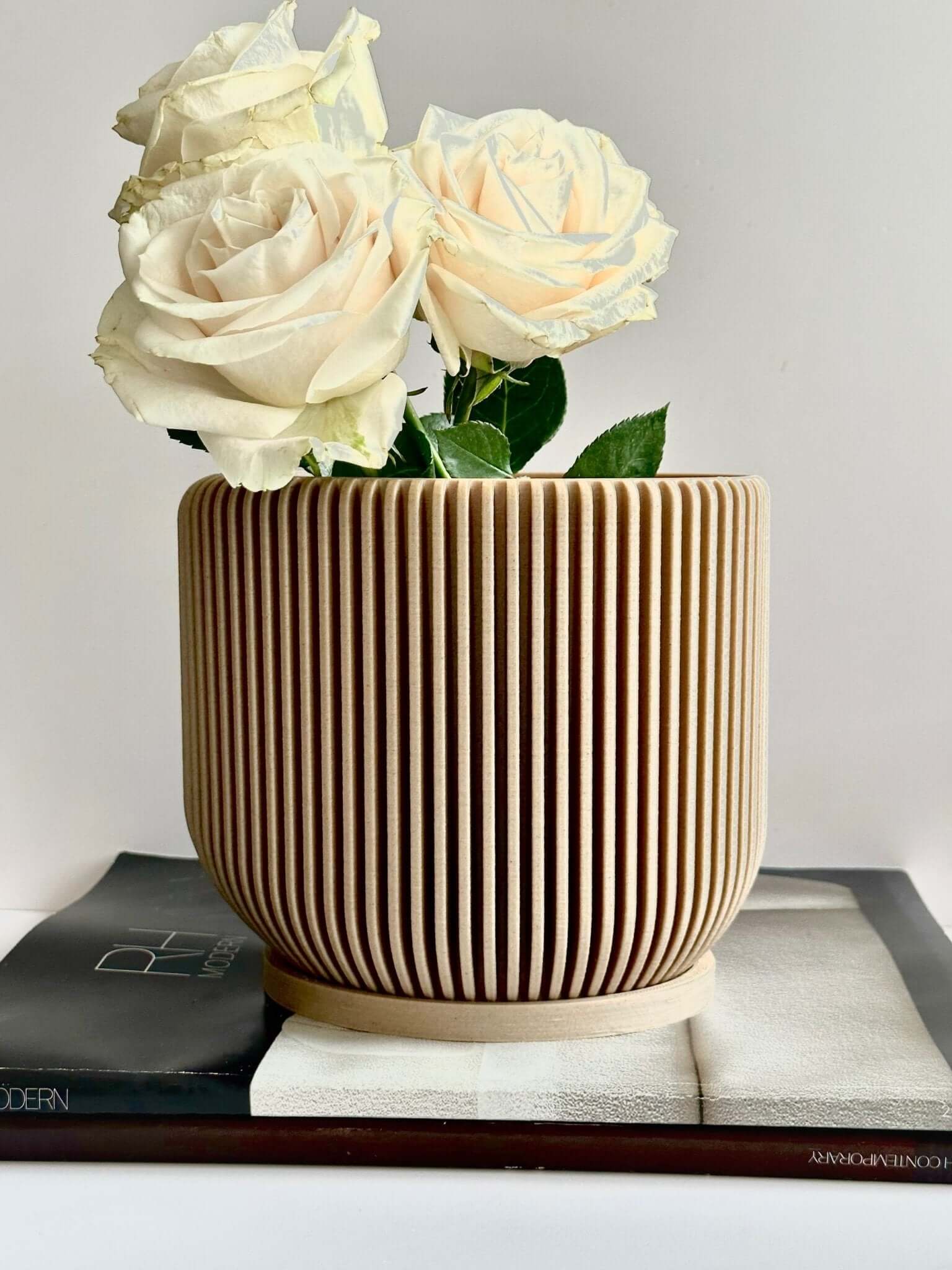 A wood flower pot by Woodland Pulse. This is a cream planter with a white flower.