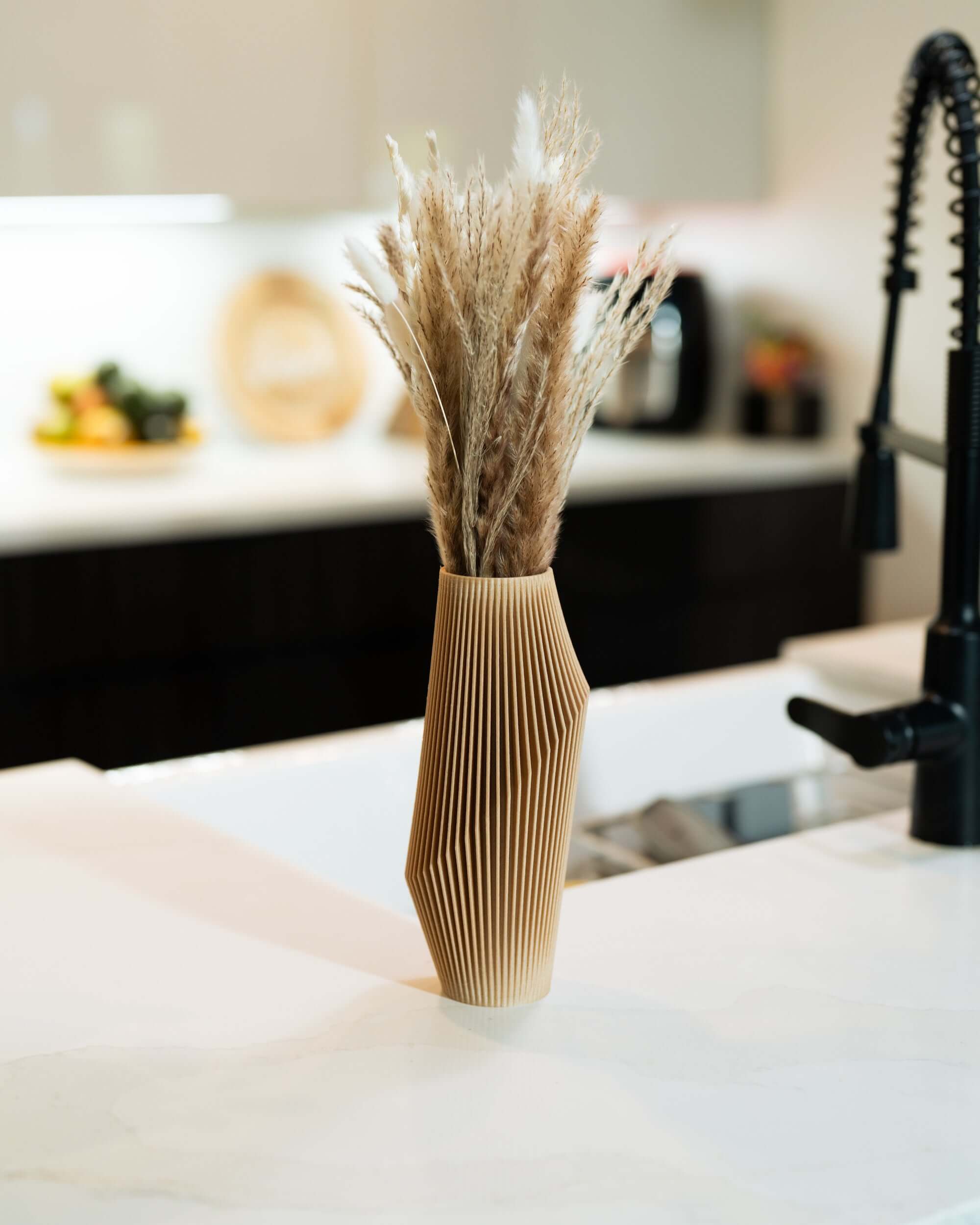 Modernist Vase | Boho Vases | Textured Vase | Cream Vase pampas grass | NOVA Woodland Pulse on a marble kitchen countertop.