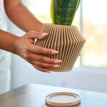 A woman holding Woodland Pulse's DISC unique planter. This is a soothingly textured woodgrain decor planter that is cedarwood scented.